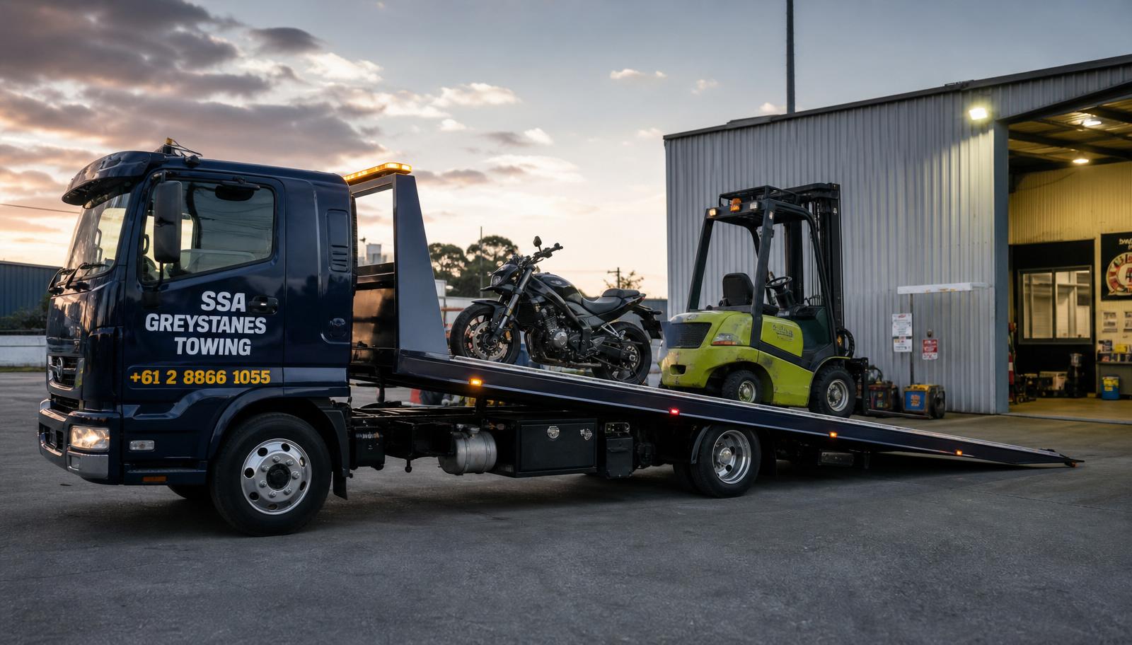 SSA Greystanes Towing flatbed truck loading a motorbike and forklift